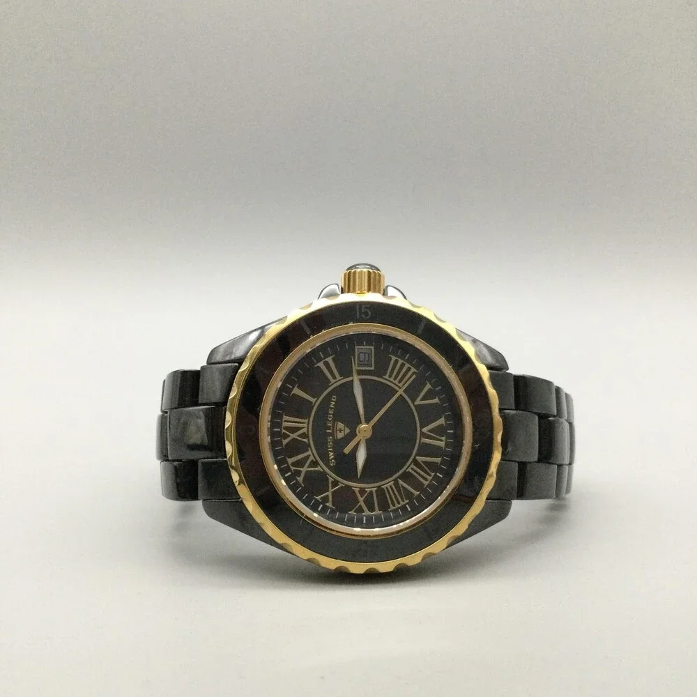 Swiss Legend Karamica Womens Watch 39mm Black Ceramic Gold New Battery 7.75